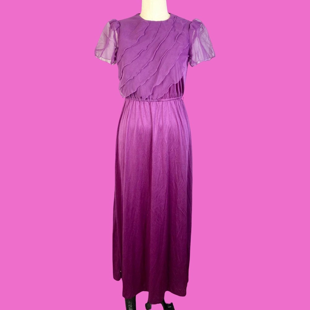 Vintage 70s Purple Maxi Dress, Flowy Lacy‎ Romantic Chiffon, Size Small
